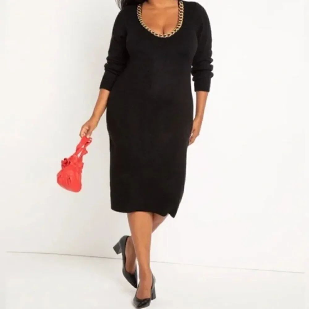 Eloquii Black Scoop neck sweater dress with attach gold tone chain NWOT 22/24